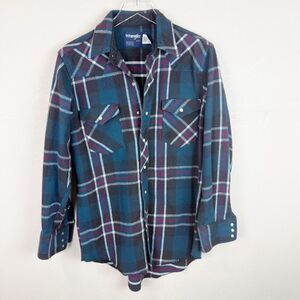Wrangler Mens Vintage Plaid Pearl Snap Long Sleeve Top Shirt
